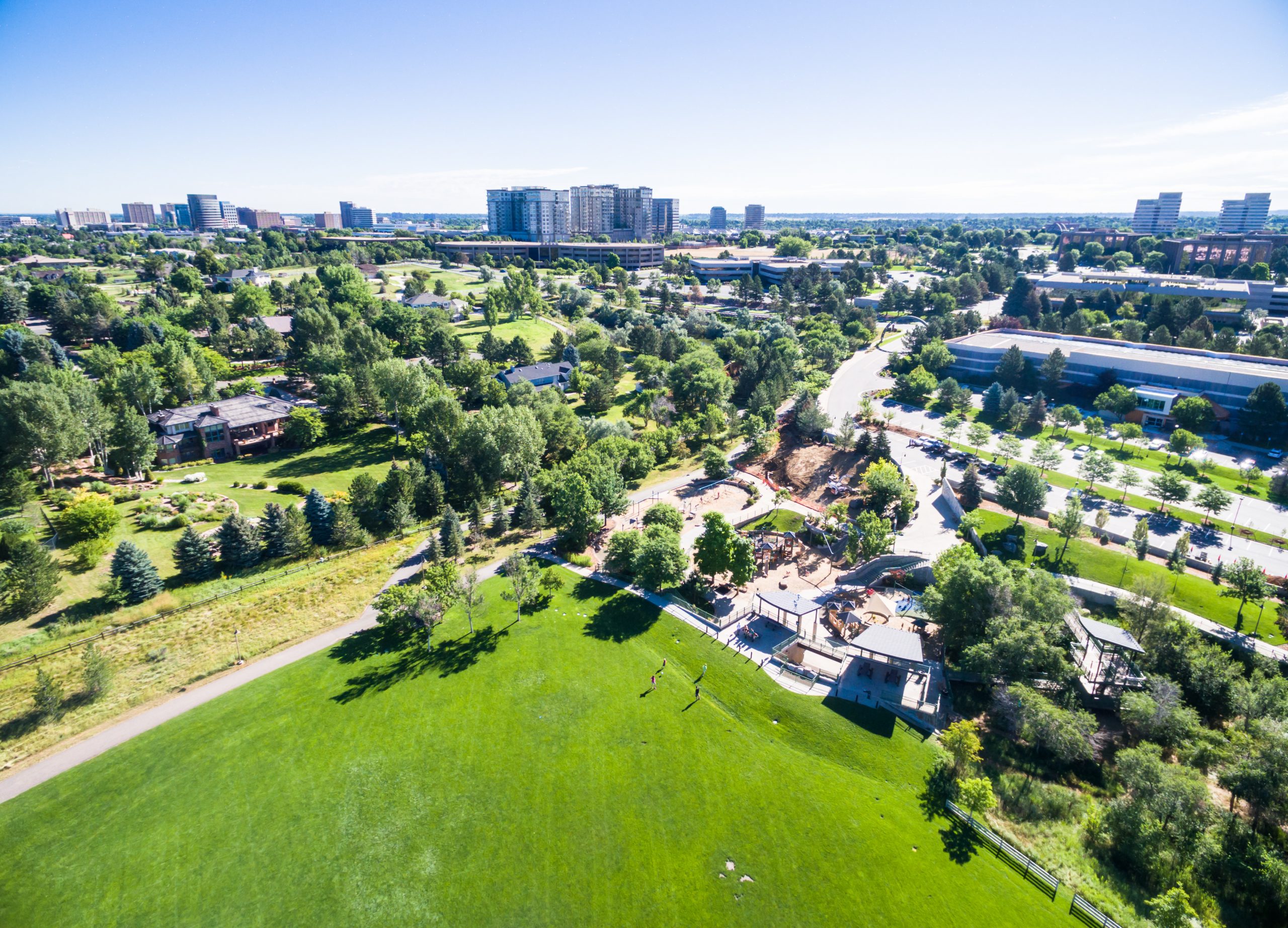 Aerial view of urban park in Denver, Colorado.